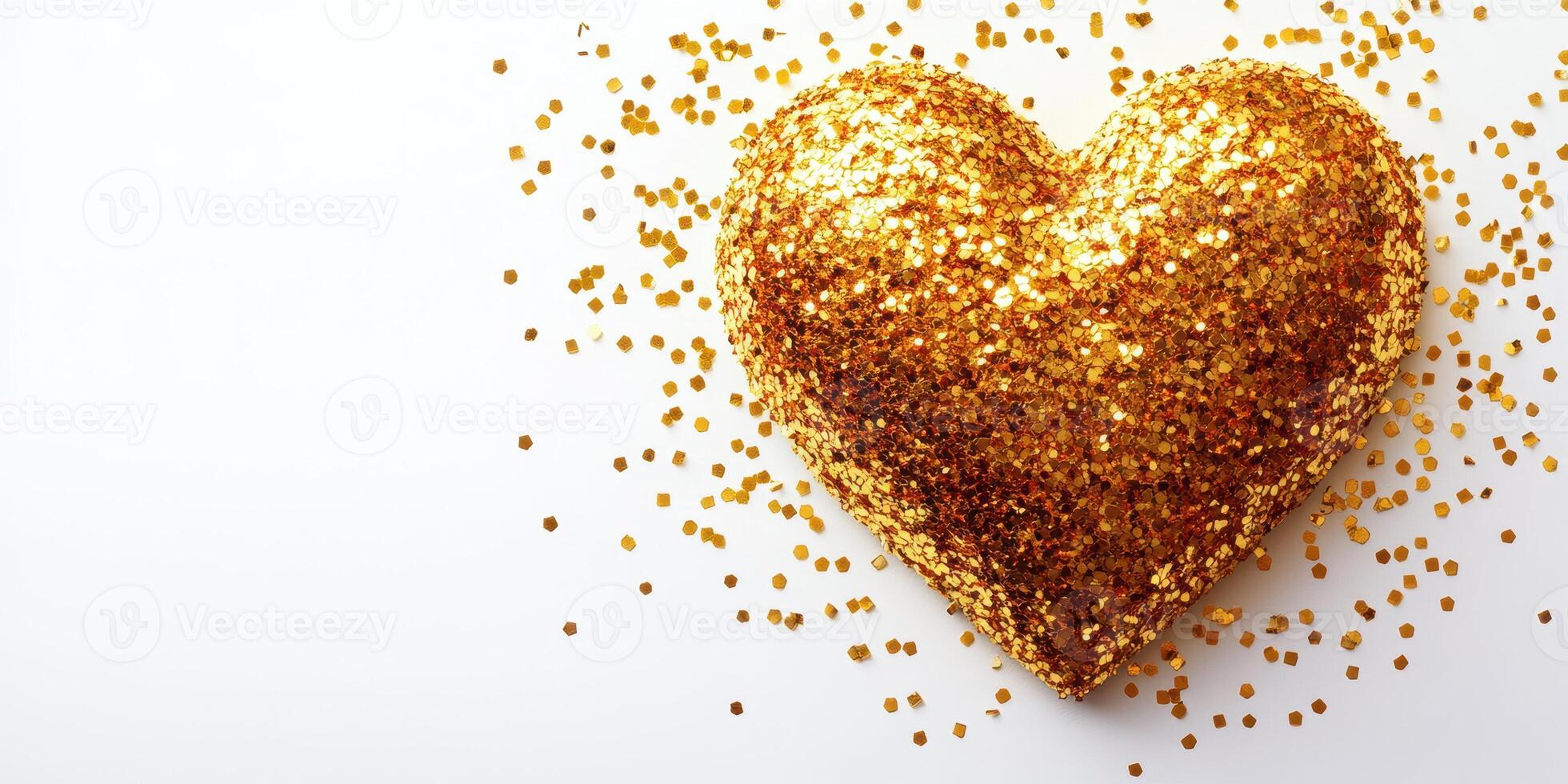 Golden heart shape covered in glitter with sparkling decorations on a white background perfect for celebrations photo