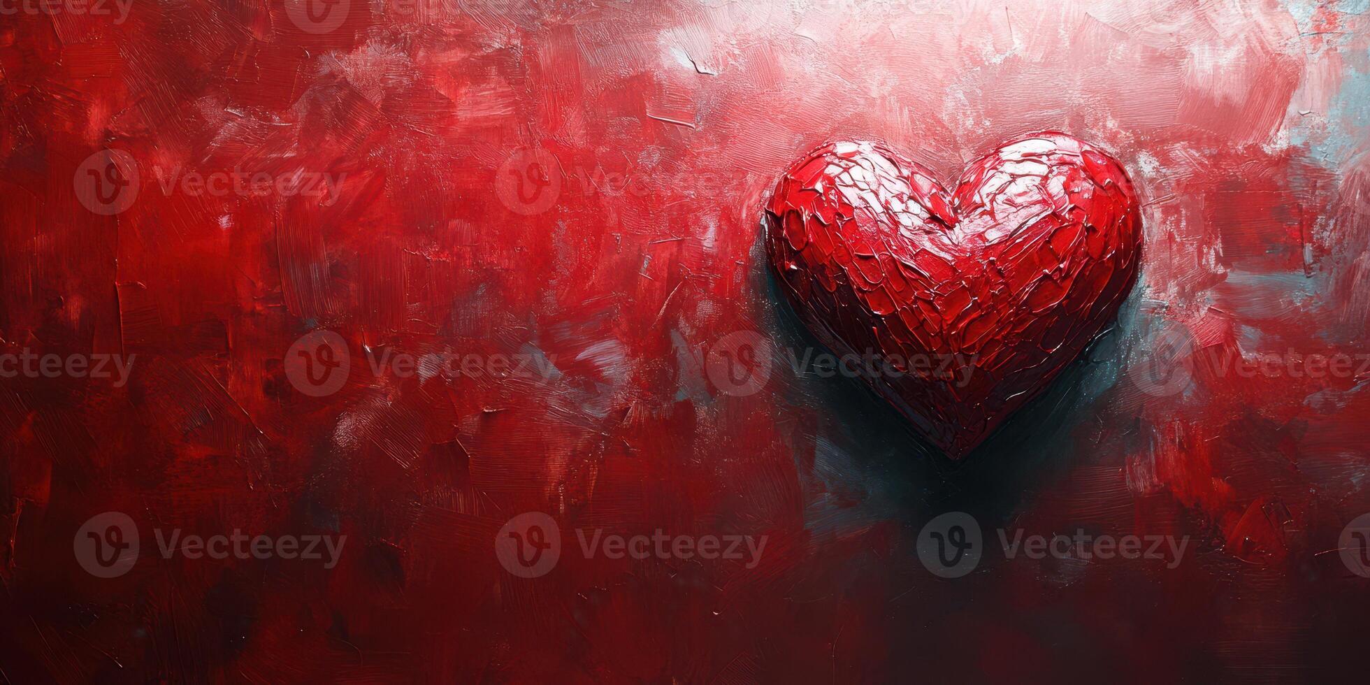 Textured red heart artwork against a deep red background with rich color variations and subtle gloss in an artistic display photo