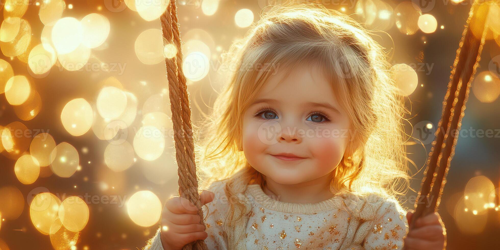 Happy toddler swinging under warm sunlight with sparkling bokeh in the background during golden hour photo