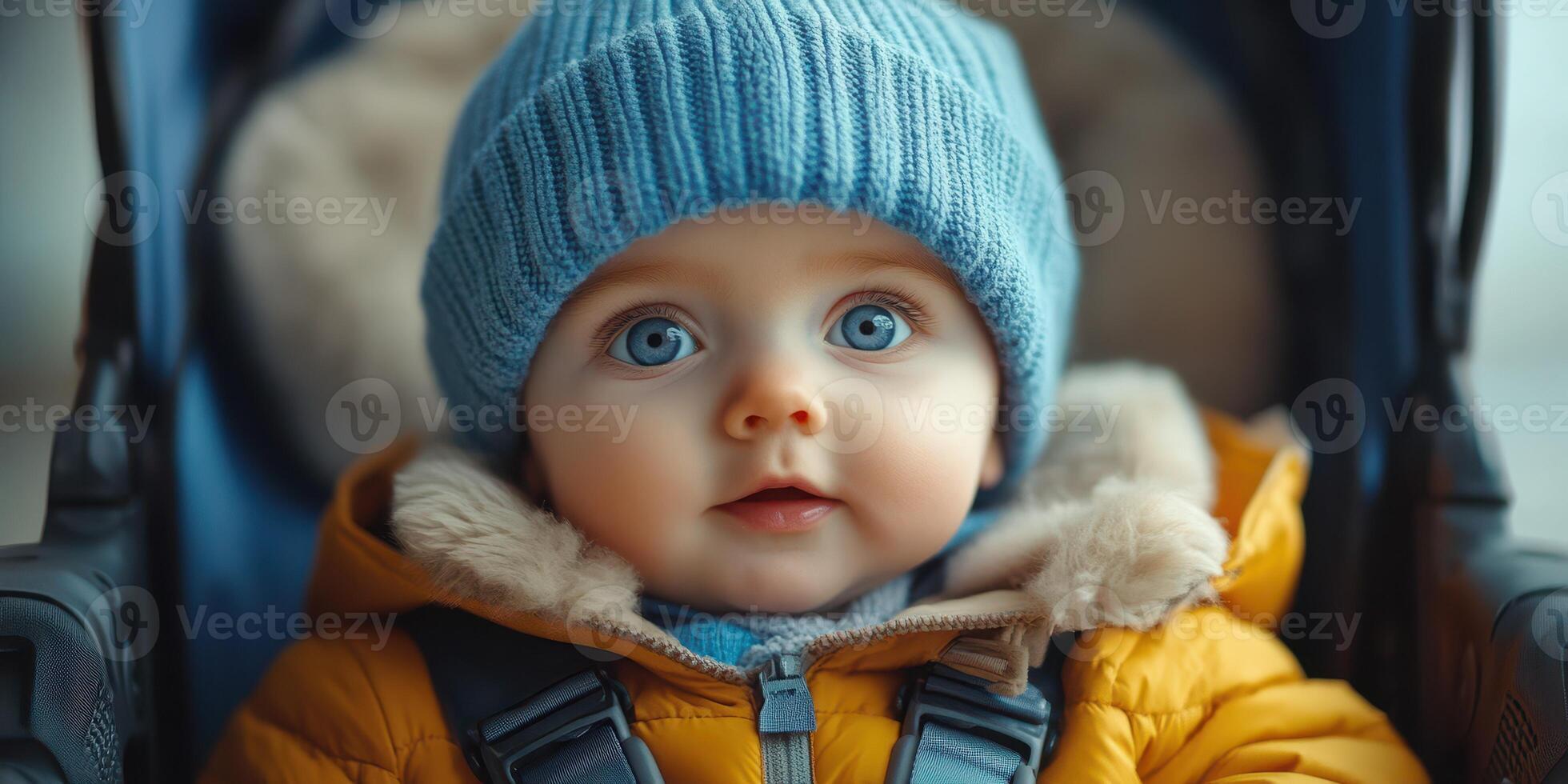 Bright-eyed baby in a cozy winter coat and blue beanie enjoying a stroll in a stroller on a chilly day photo