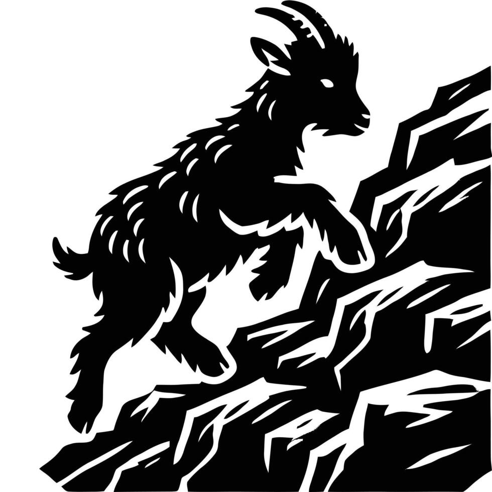 A black and white illustration of a goat climbing a mountain vector