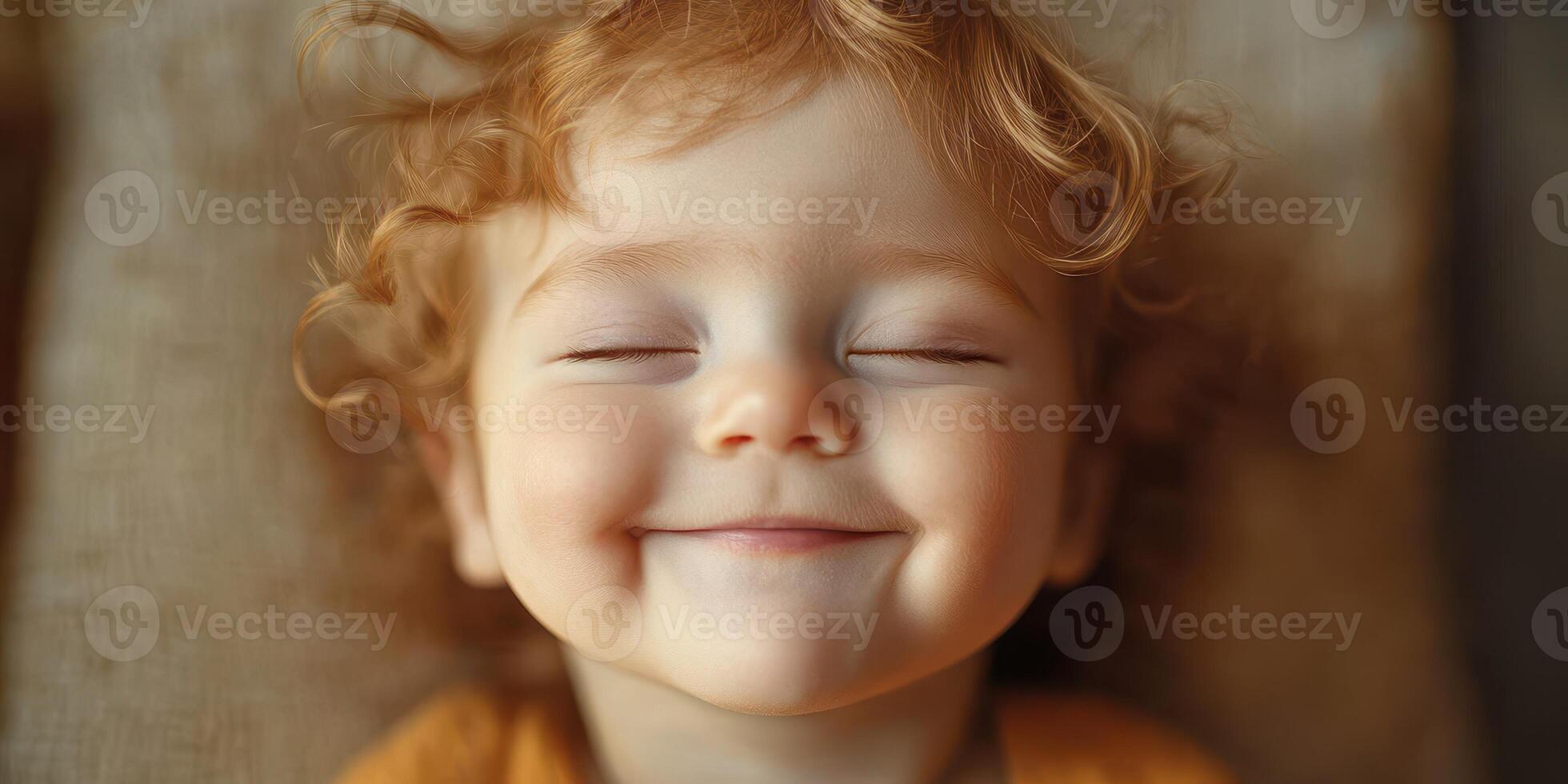 Smiling toddler with curly hair enjoying a moment of joy in a cozy indoor setting during the afternoon photo