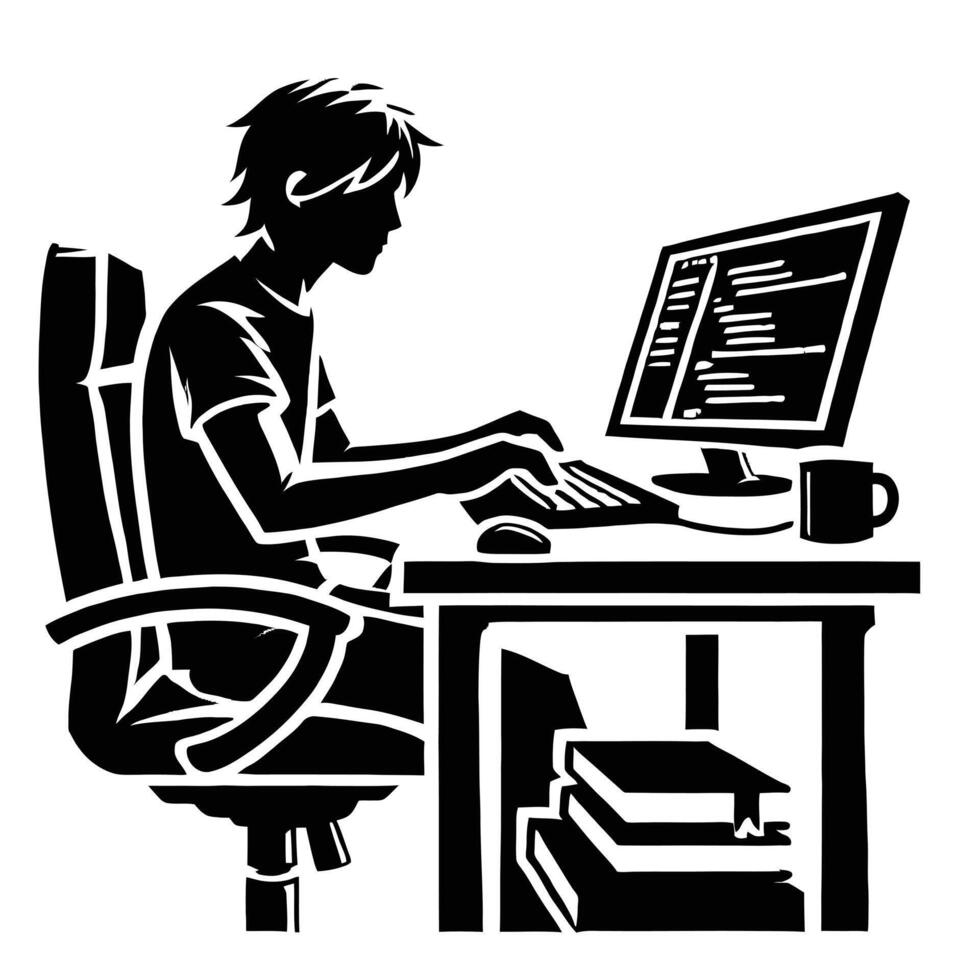 A silhouette of a man sitting at a desk with a computer vector