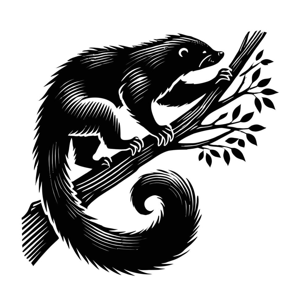 A black and white illustration of a monkey on a tree branch vector