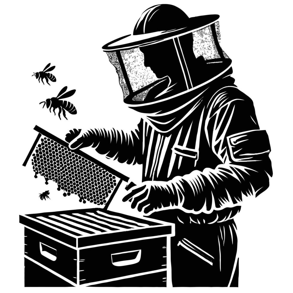 Beekeeper with hive and bees vector