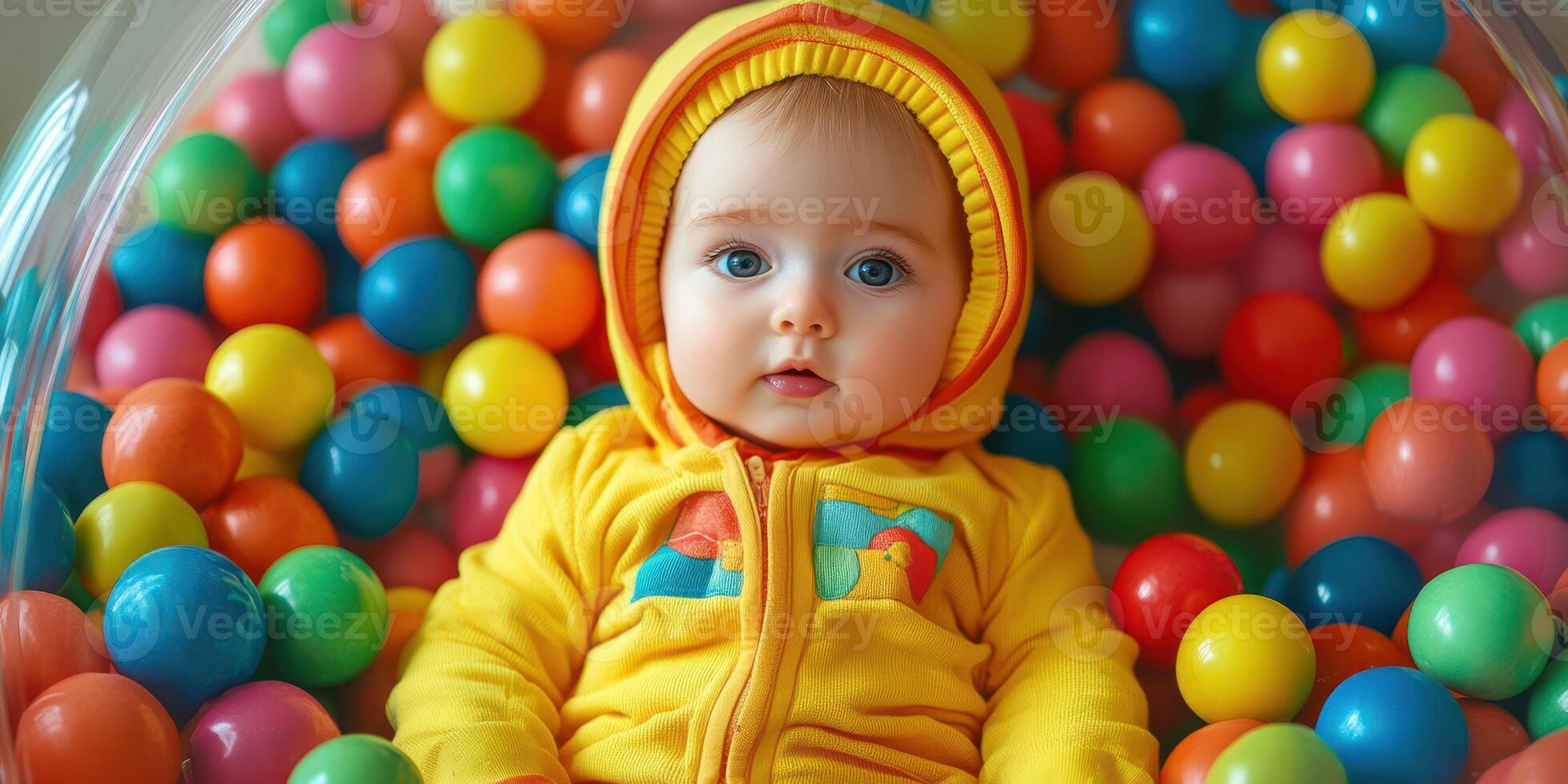 Baby enjoys colorful ball pit playtime in cozy yellow hoodie on a sunny day photo