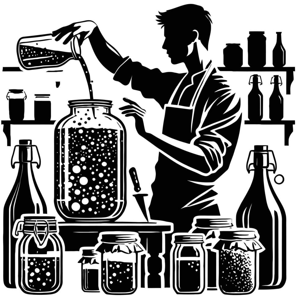 A man is pouring liquid into jars in a kitchen vector