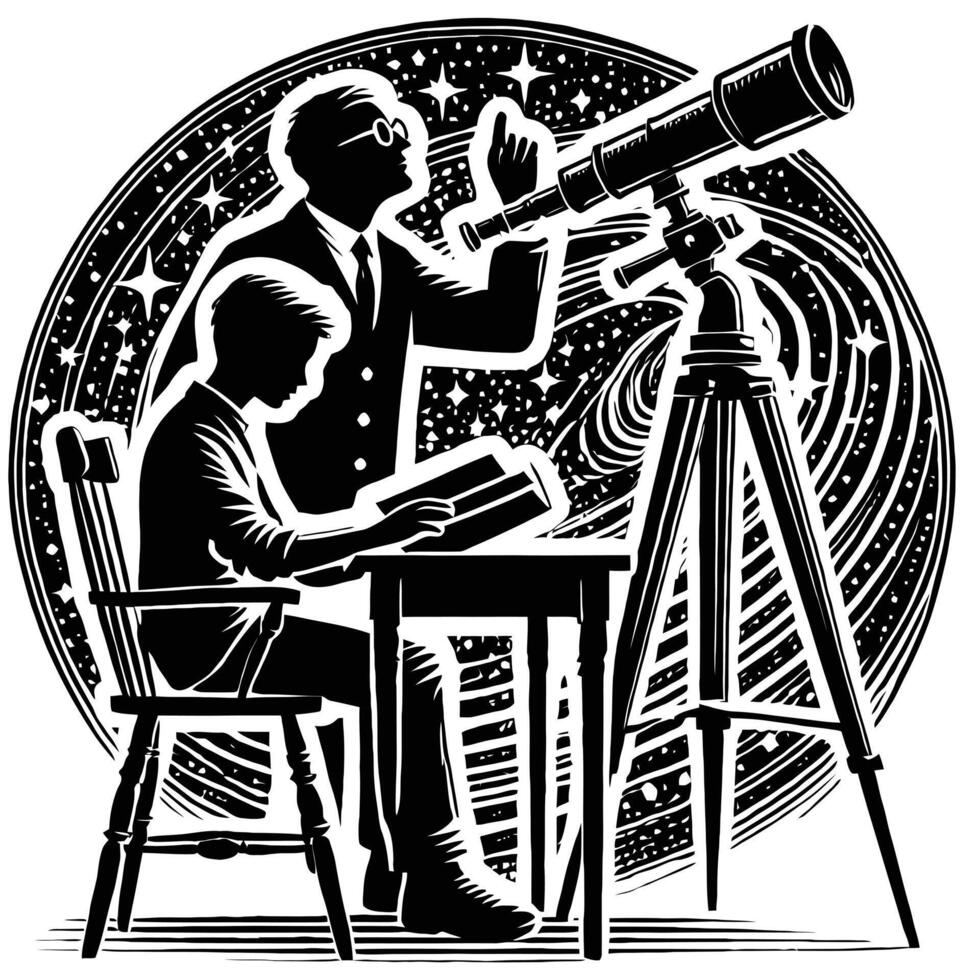 A man and a boy looking at a telescope vector