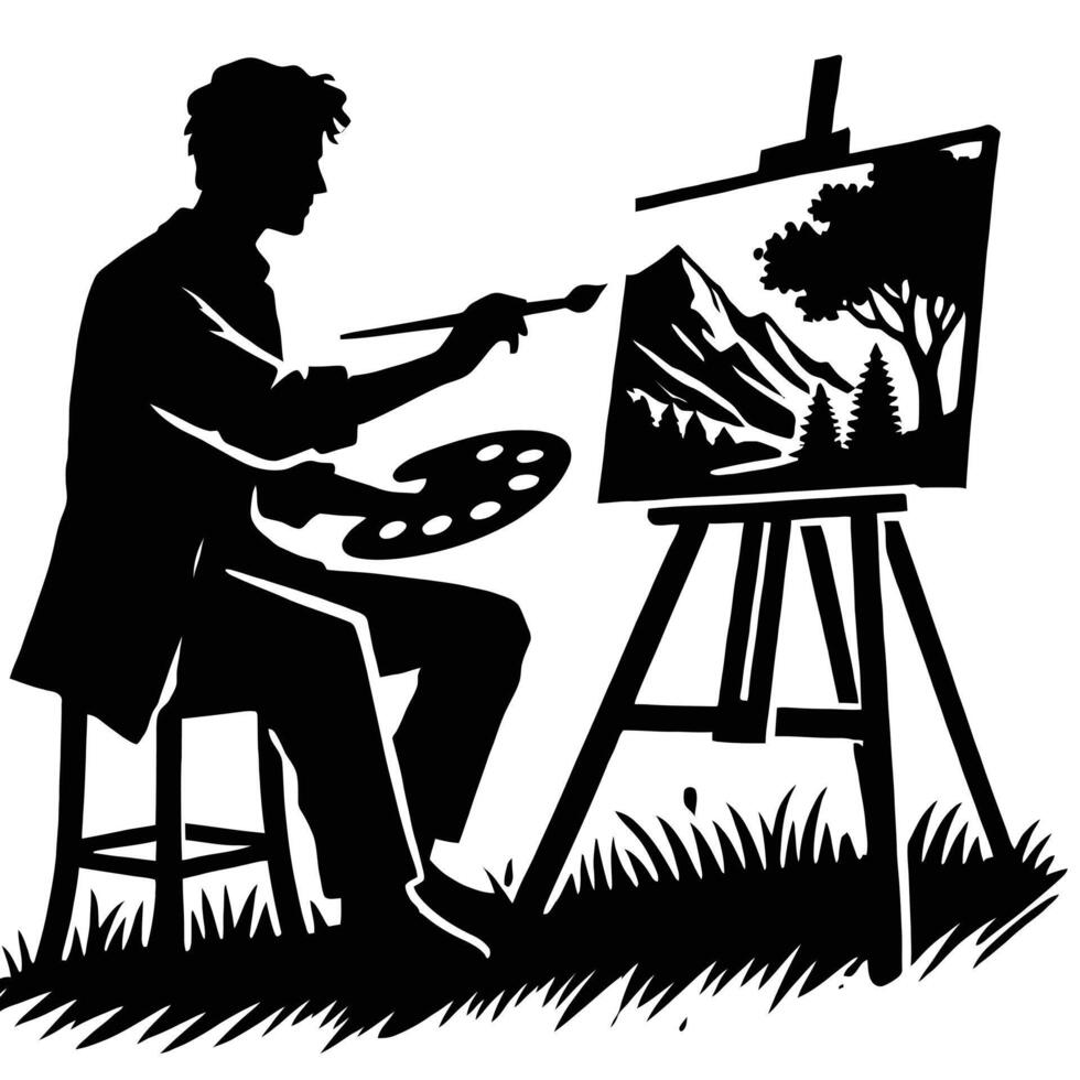 A silhouette of a man painting on an easel vector