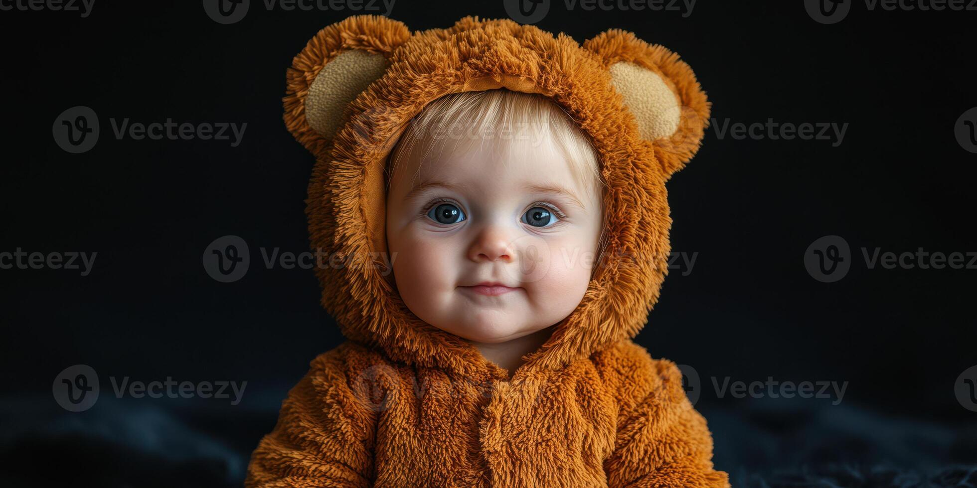 Baby in a cozy teddy bear suit with charming blue eyes on a dark background photo