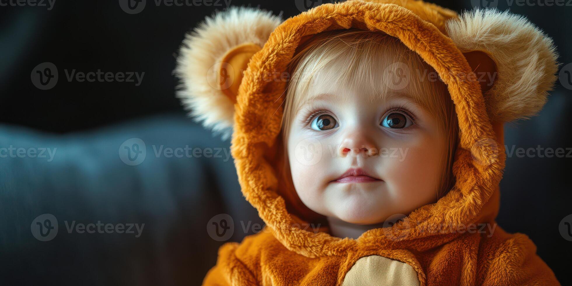 Cute baby wearing a lion costume in a cozy indoor setting during a playful afternoon photo