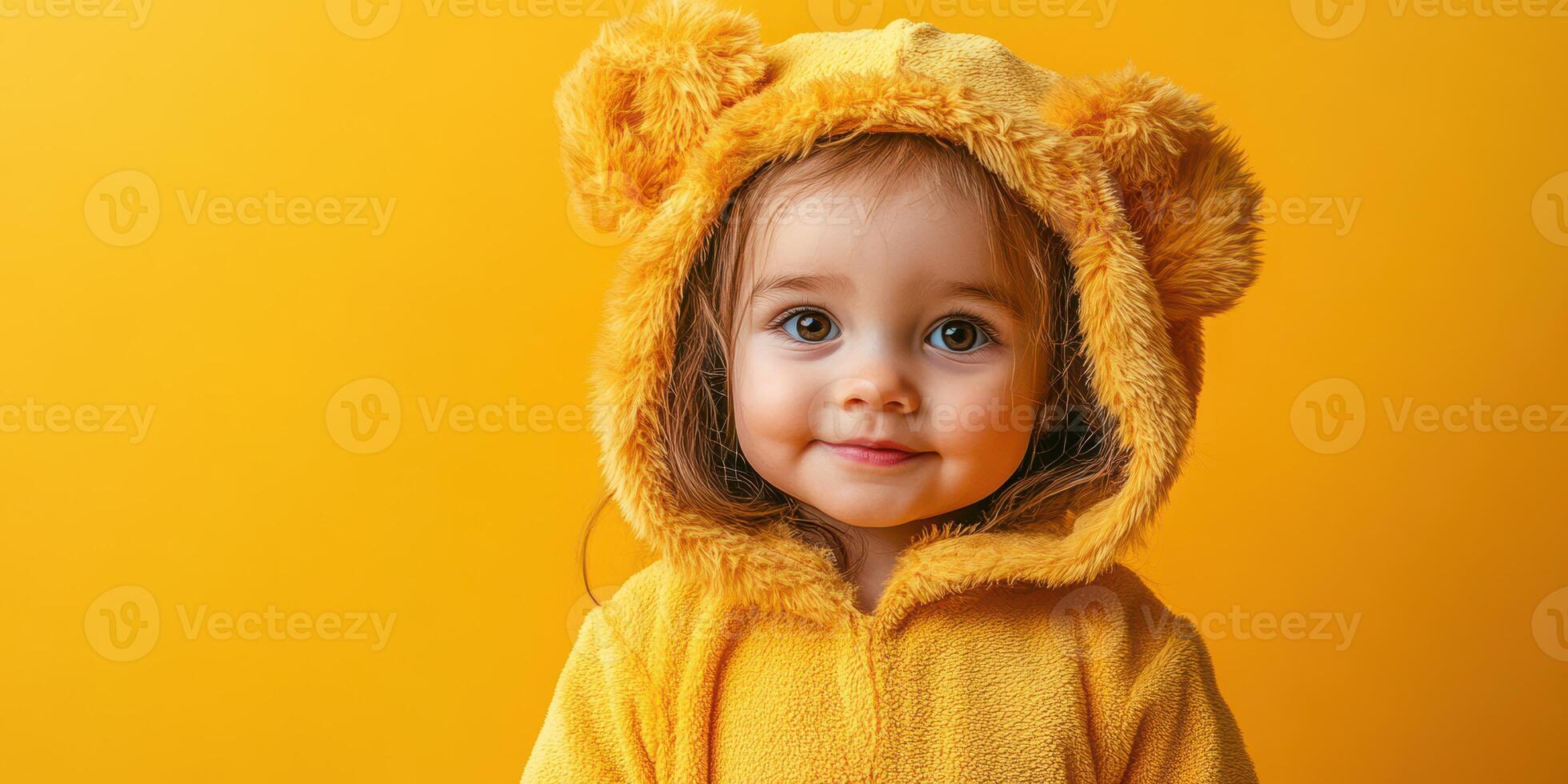 Smiling child in a yellow bear costume against a bright yellow background during a playful moment indoors photo