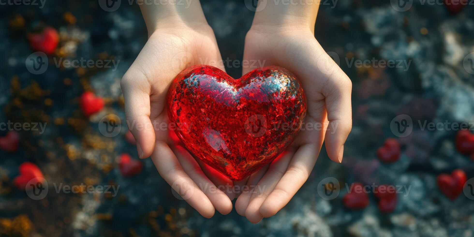 Hands hold a sparkling red heart-shaped object surrounded by smaller hearts on a textured surface photo