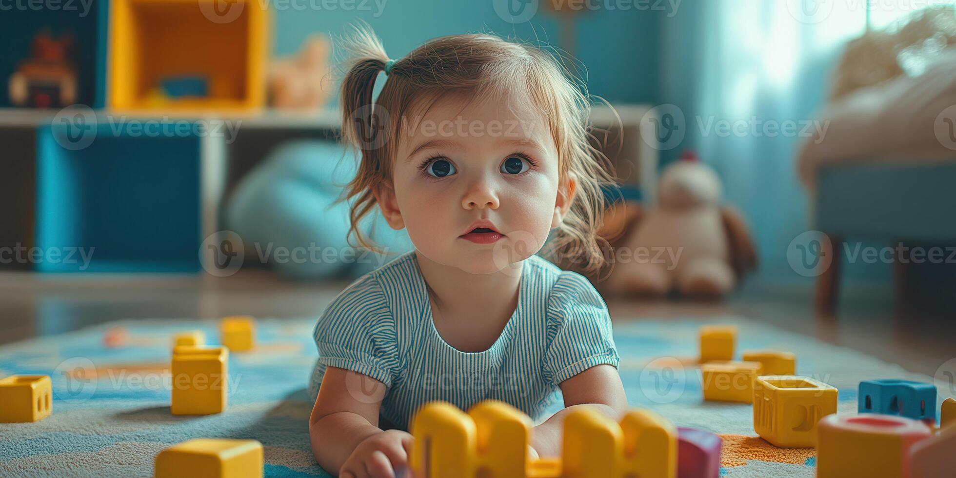 Child playing with colorful building blocks on a bright rug in a cozy room filled with toys and natural light photo