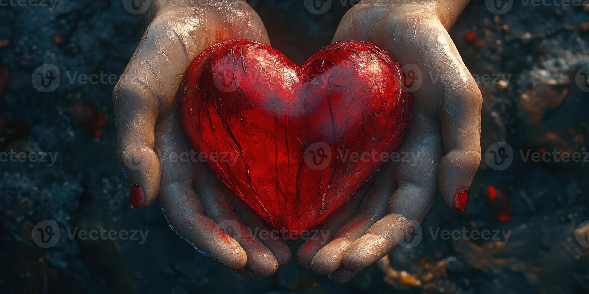 Hands hold a red heart symbolizing love and connection in a textured and striking environment photo