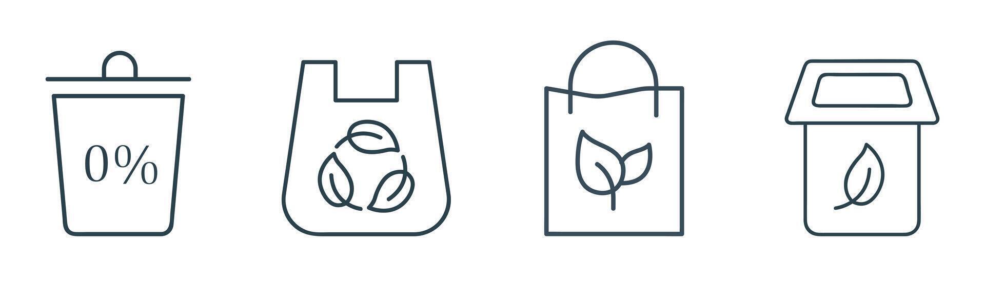 Eco-Friendly and Zero Waste Line Icon Set. Illustration of Zero Waste, Reusable Shopping Bags, Recycling Bin, and Compost Bin Symbols in Line Art Style vector