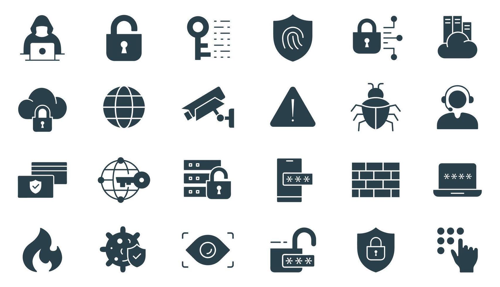 Cyber Security solid Icon Set. Illustration for Digital Protection, Data Privacy, Network, and online Safety icons vector