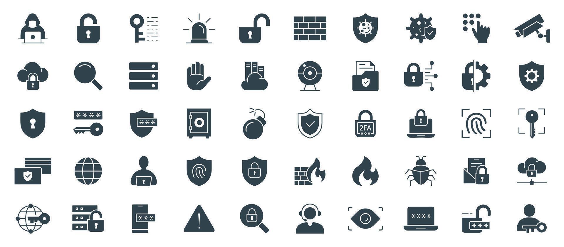 Security and Protection Solid Icon Set. llustration for Cyber Safety, Privacy, Access Control, and Data Protection vector