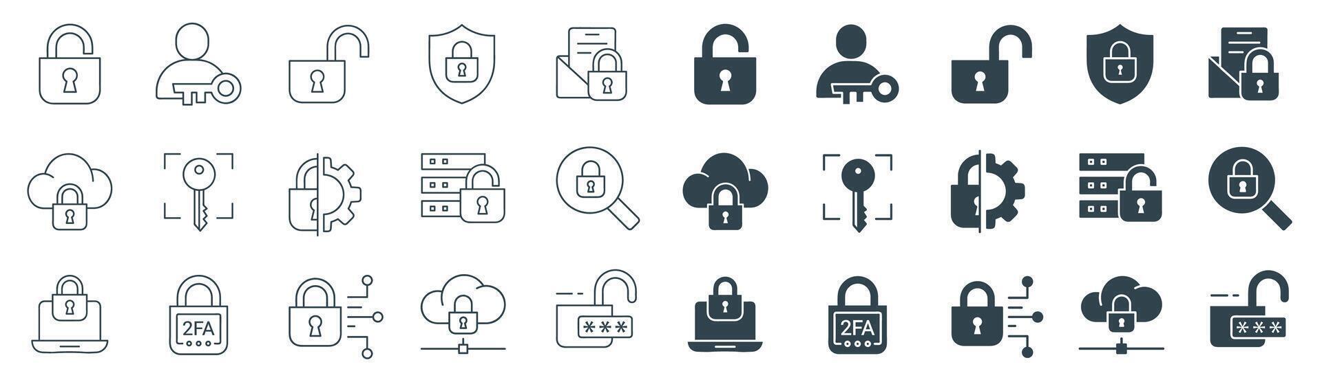 Security solid and line Icon Set Illustrations vector
