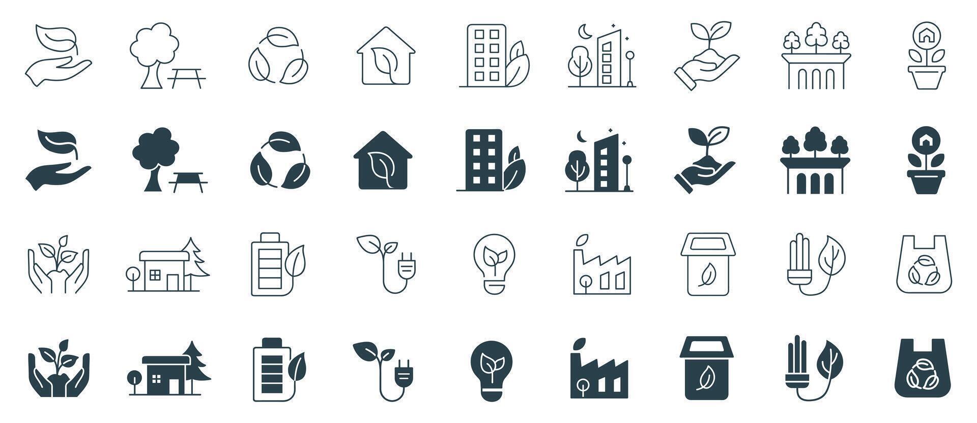 Set of Ecology and Sustainability Icons. Solid and Outline Symbols of Renewable Energy, Recycling, Nature Conservation, Eco-Friendly Living, and Environmental Protection vector