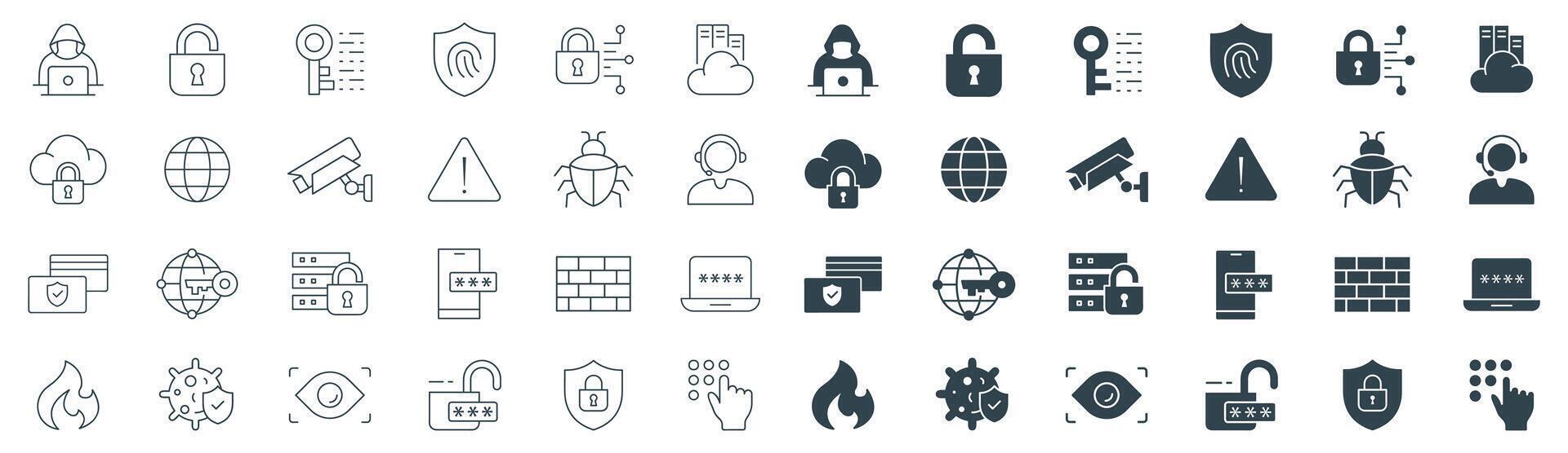 Cyber Security icon set in line and solid illustration vector