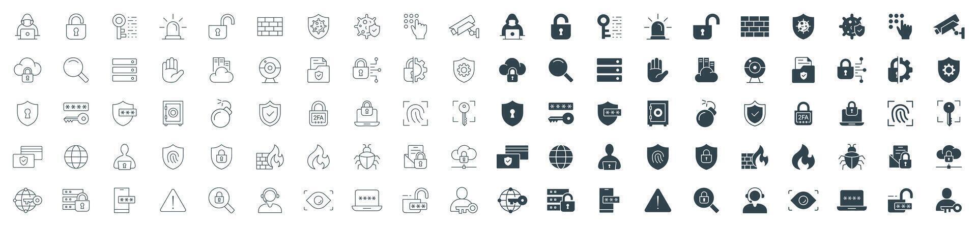 Security line and solid icon set. Illustration of Cyber Safety, Privacy, Access Control, and Data Protection vector