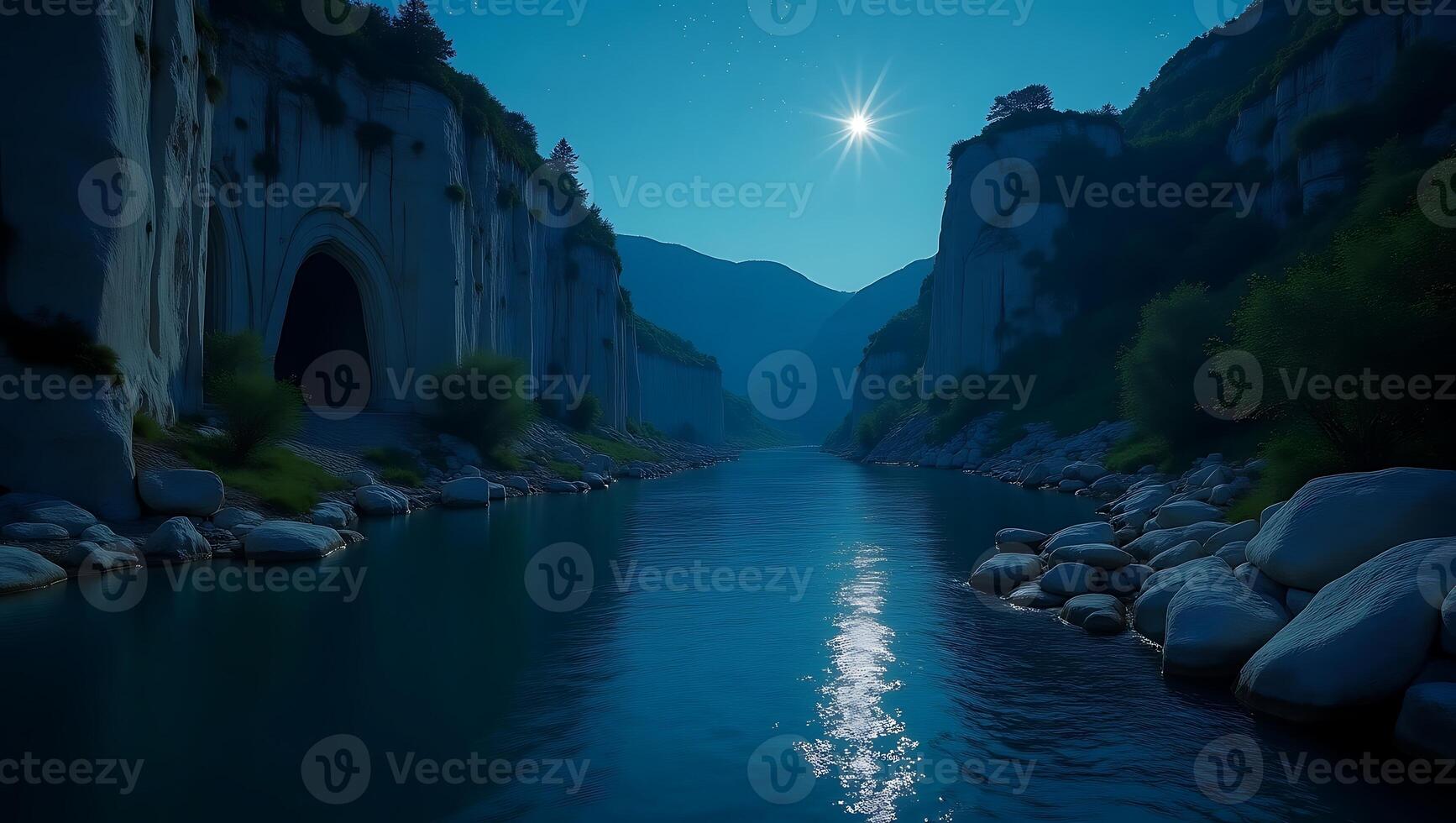 Moonlit river winding through rocky cliffs under a clear night sky photo