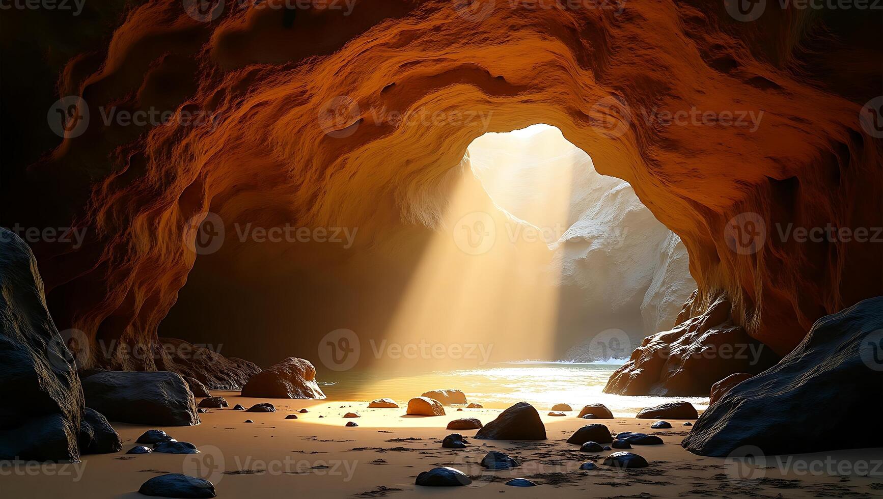 Light streaming through a rocky cave by the shore with smooth stones photo