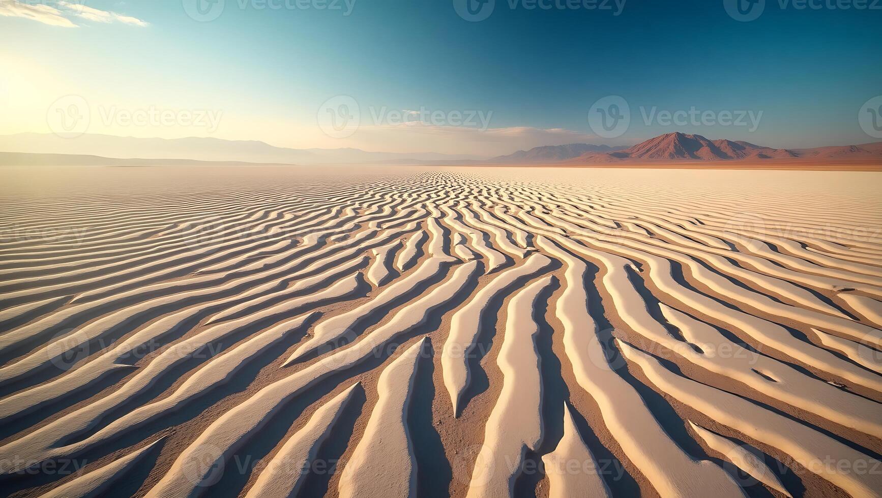 Expansive desert landscape with patterns in the sand under bright sky photo