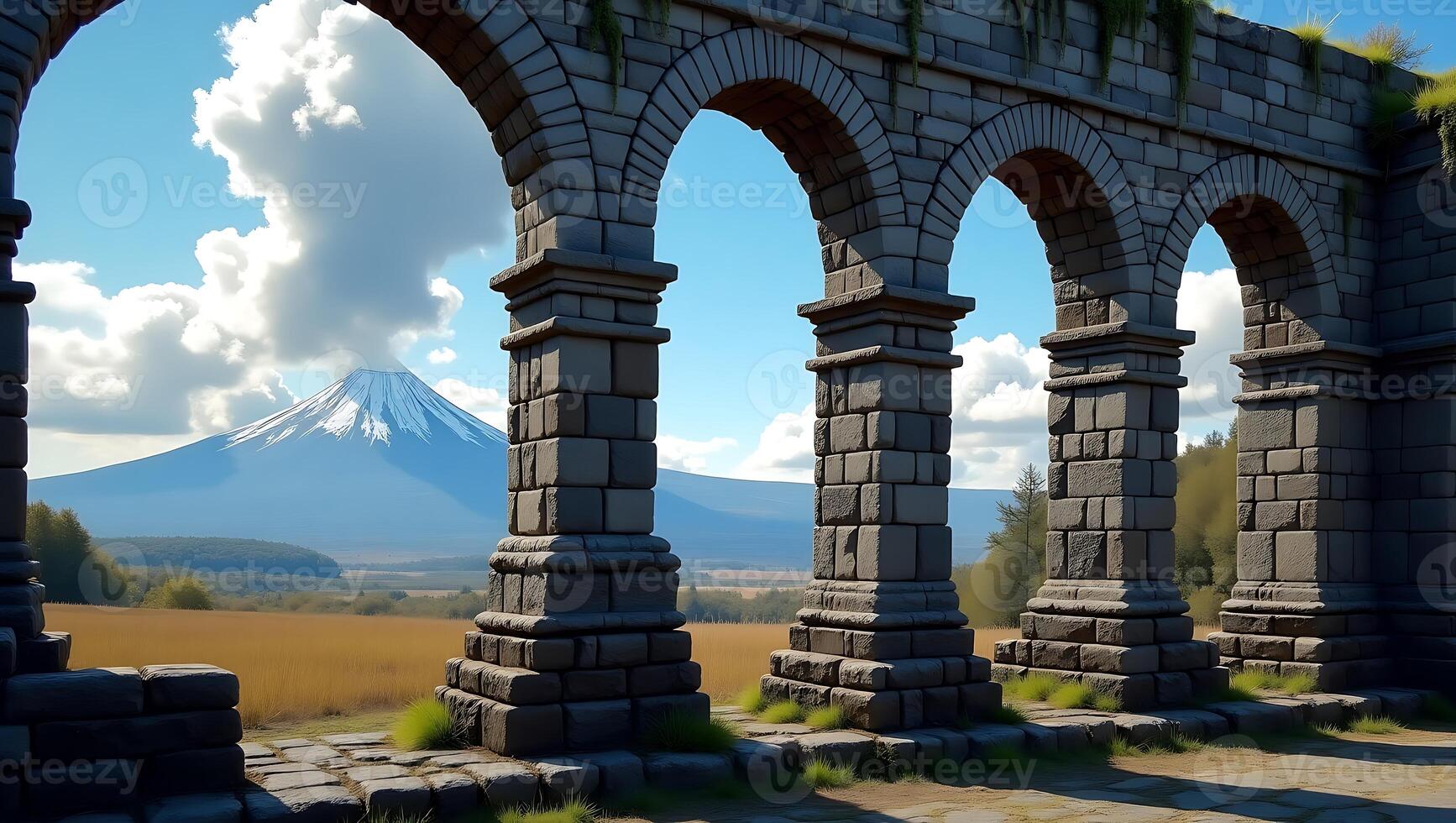 Archways overlooking a scenic landscape with a mountain view and blue skies photo