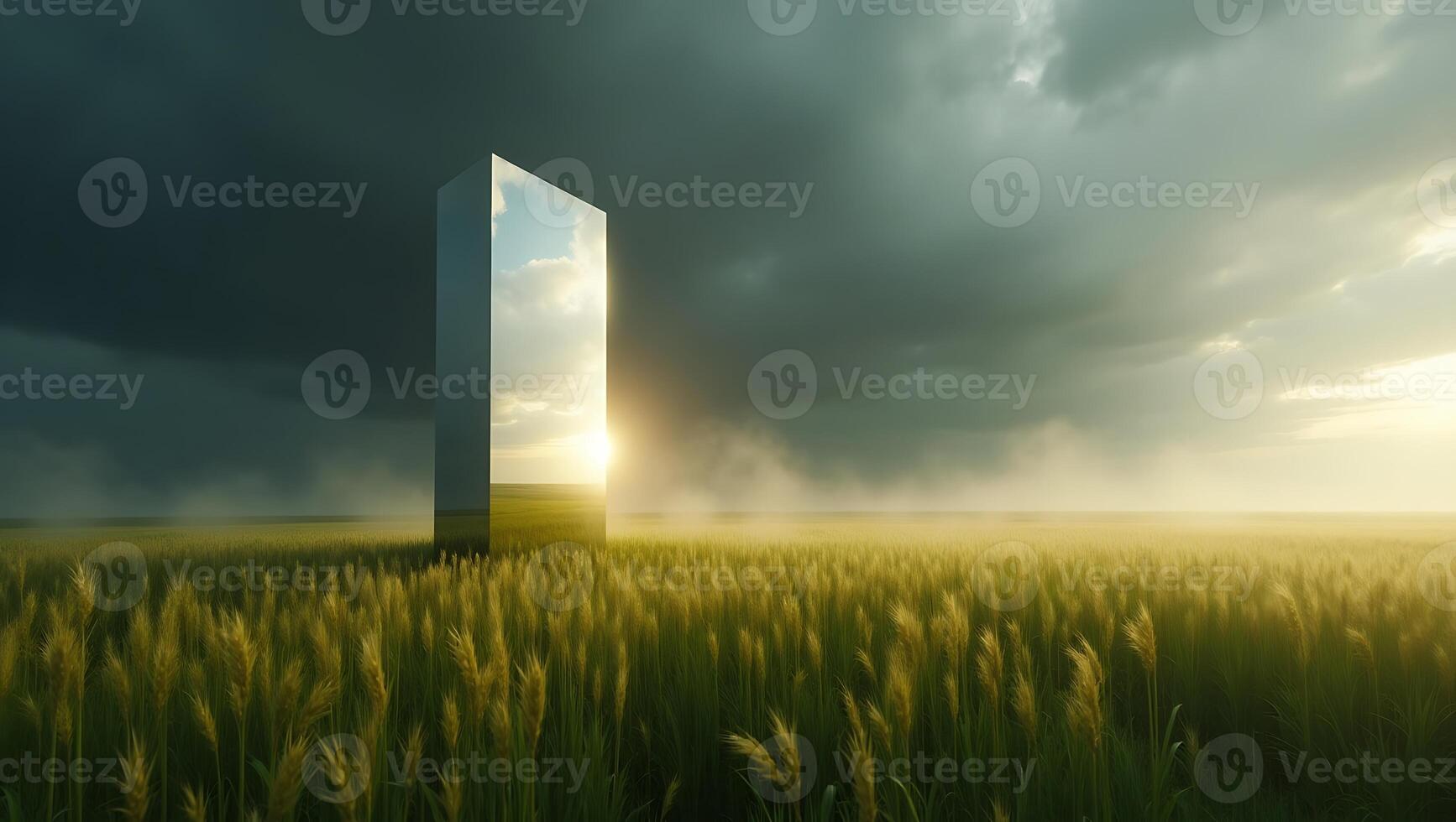 Mirror structure reflecting light in a wheat field under cloudy sky at sunset photo