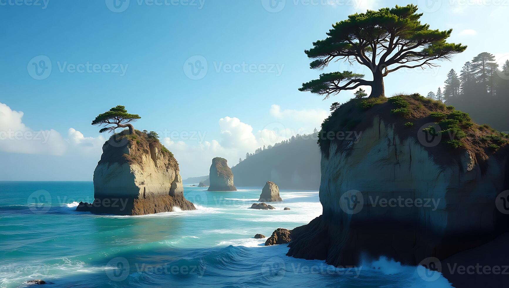 Coastal cliffs with trees and crashing waves on a sunny day photo