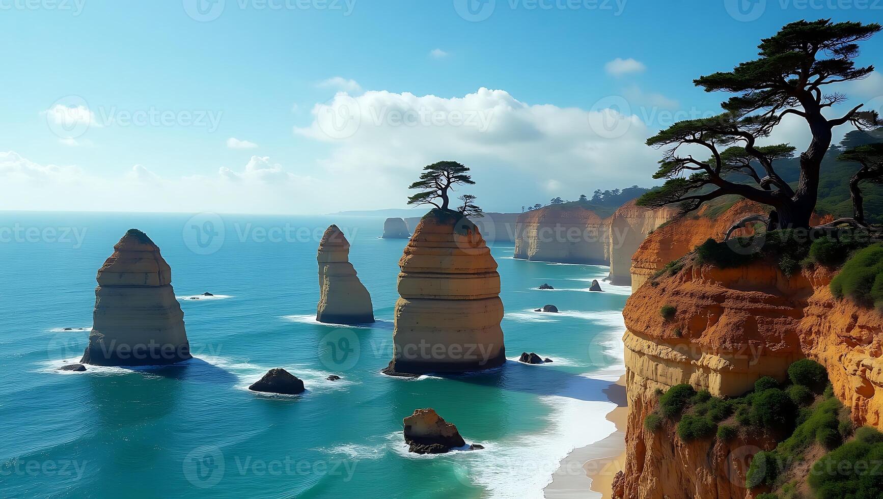 Scenic coastal view of rock formations and turquoise water under clear skies photo
