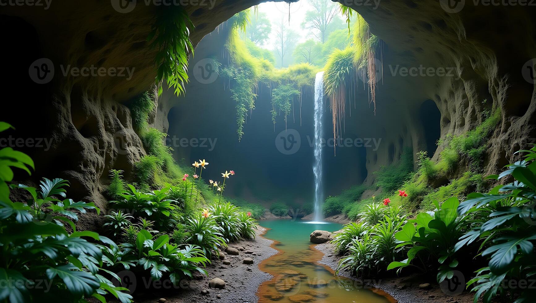 Waterfall cascading into a lush cave surrounded by greenery and tropical plants photo