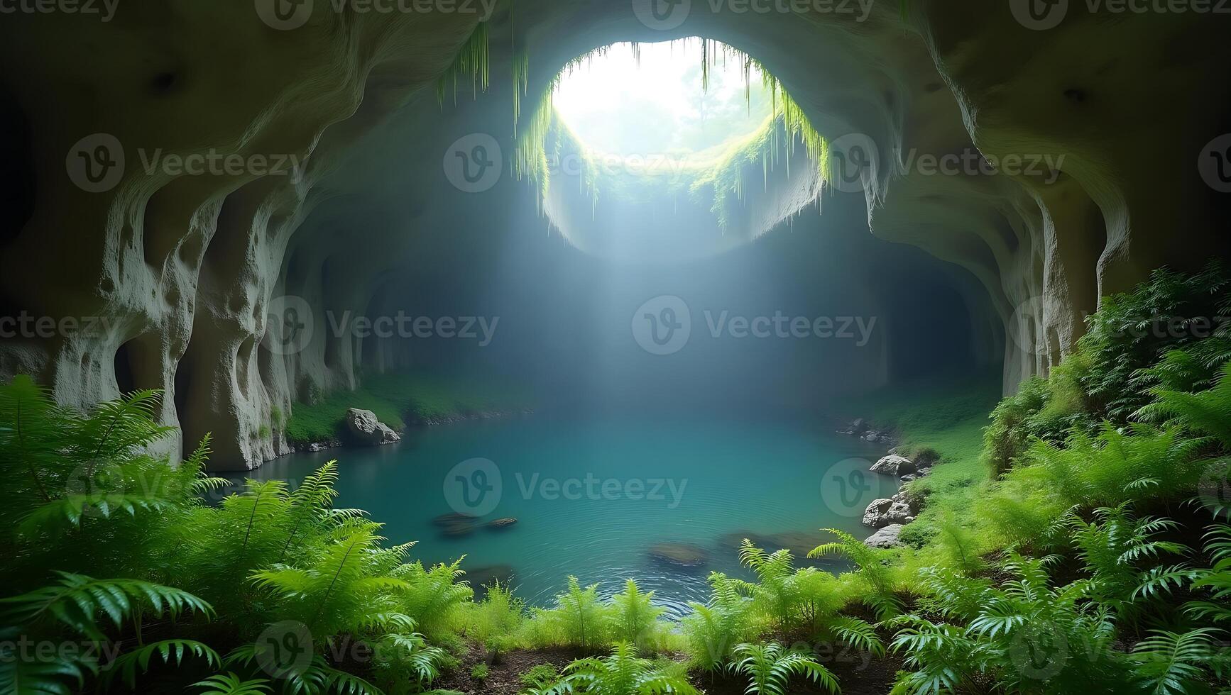 Sunlight filtering through cave opening onto tranquil water and lush ferns photo