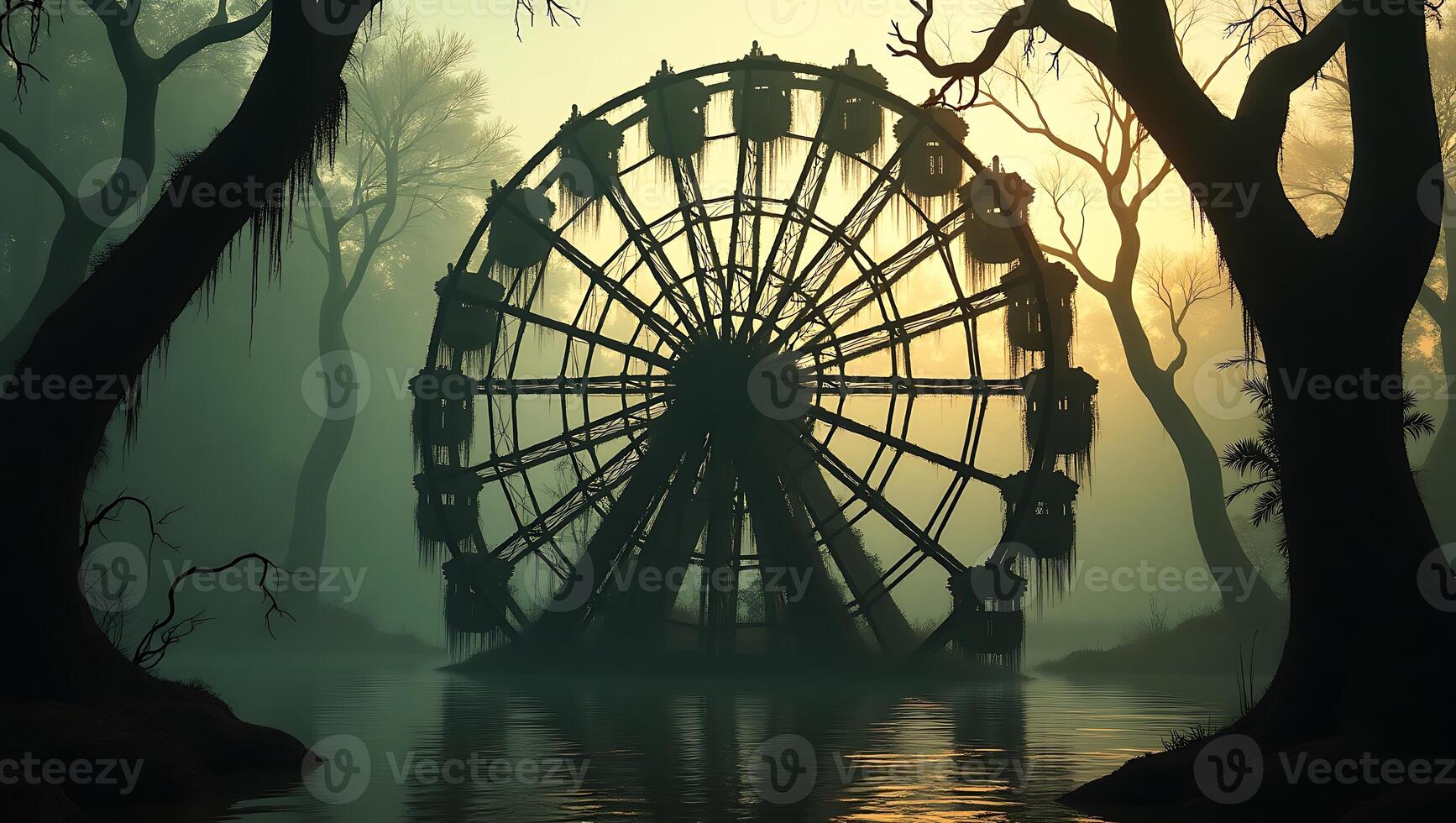 Abandoned ferris wheel by the misty lake surrounded by bare trees at dawn photo
