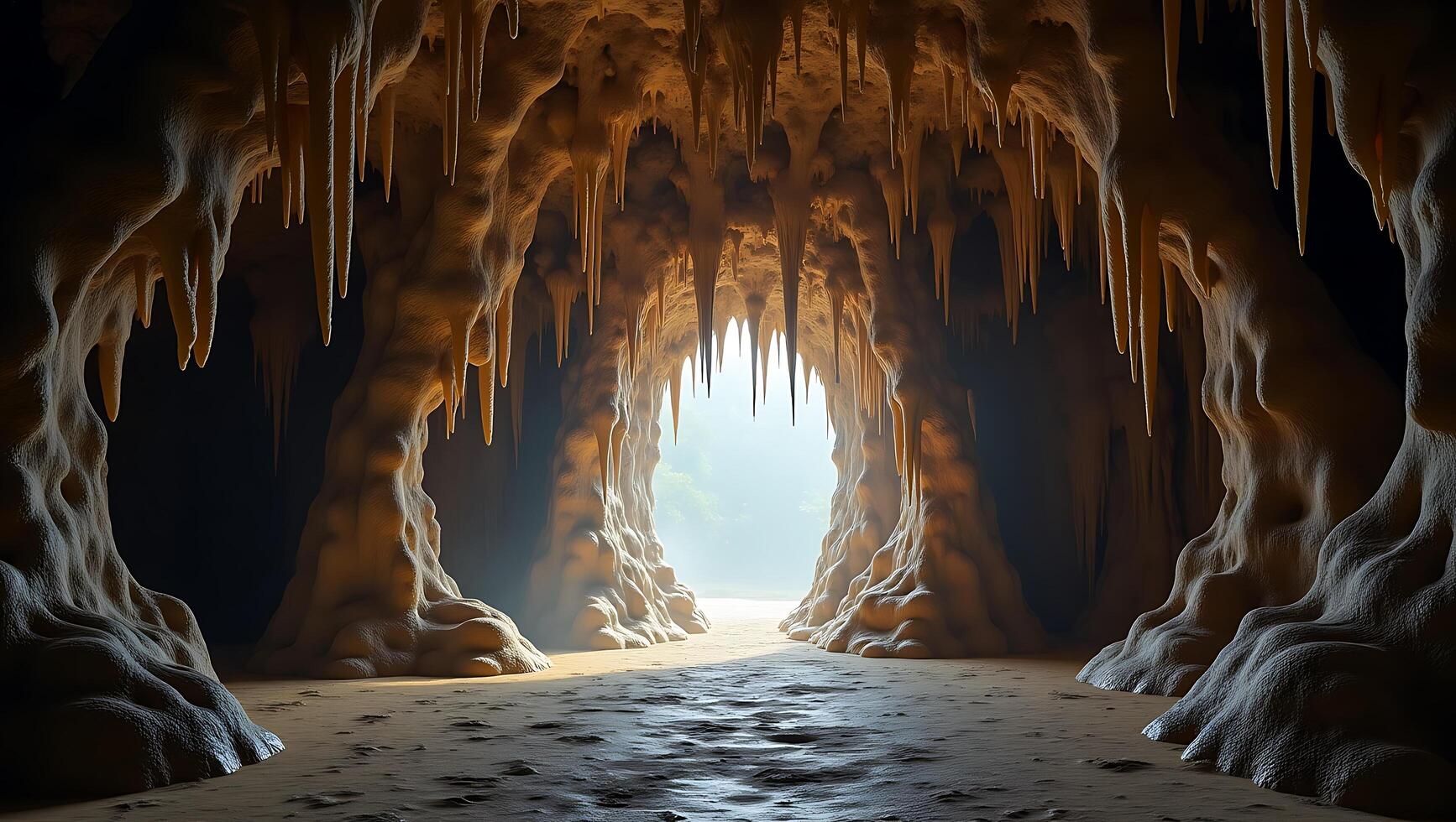 Cave entrance revealing sandy path illuminated by soft light photo