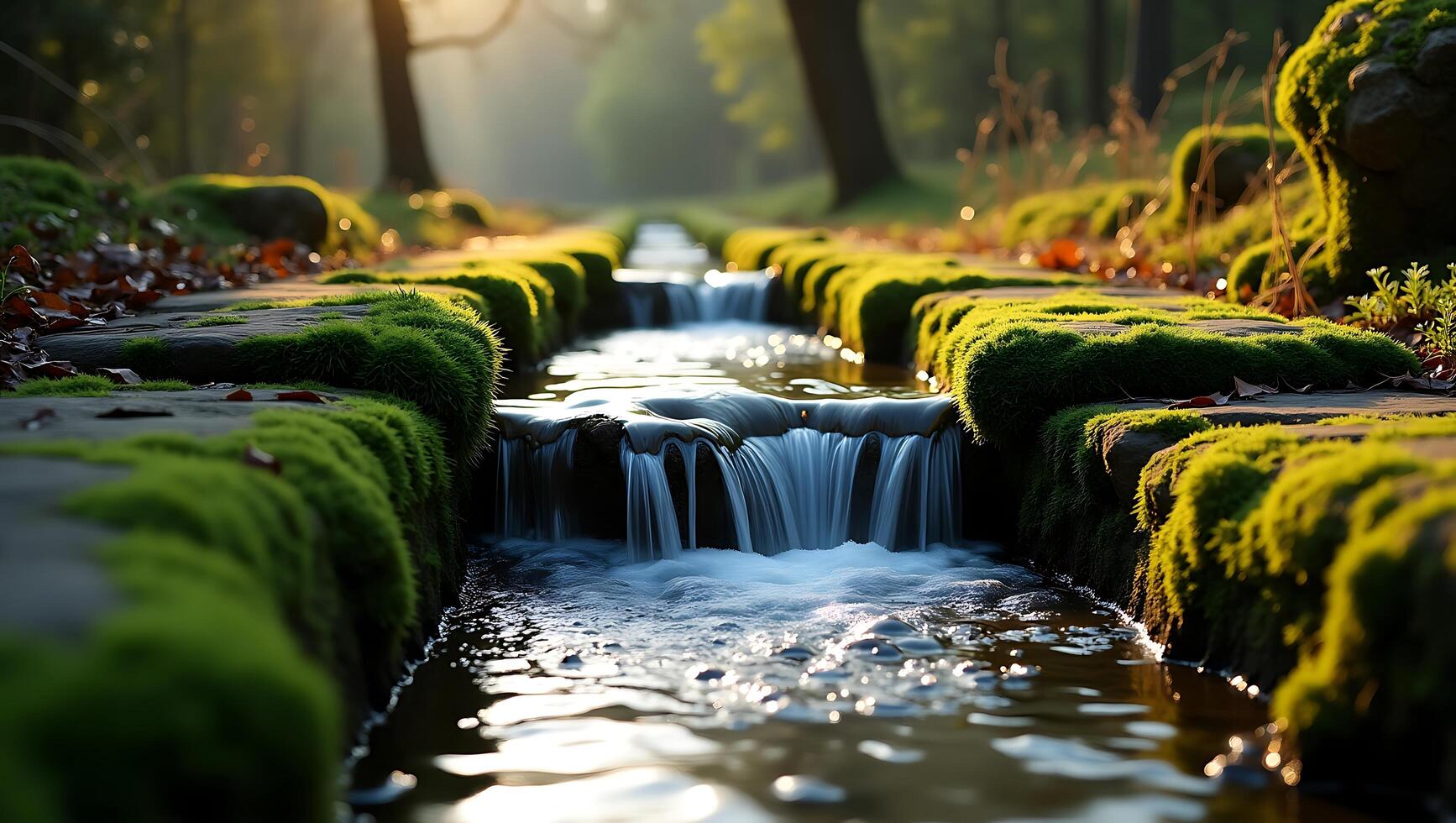 Flowing water through a moss-covered stream in a lush green forest photo