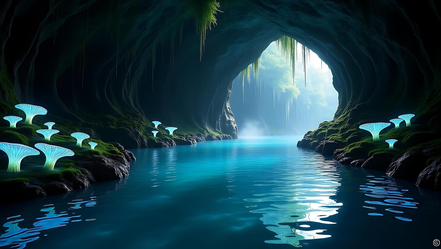 Magical cave with glowing mushrooms and clear blue water in a tranquil setting photo