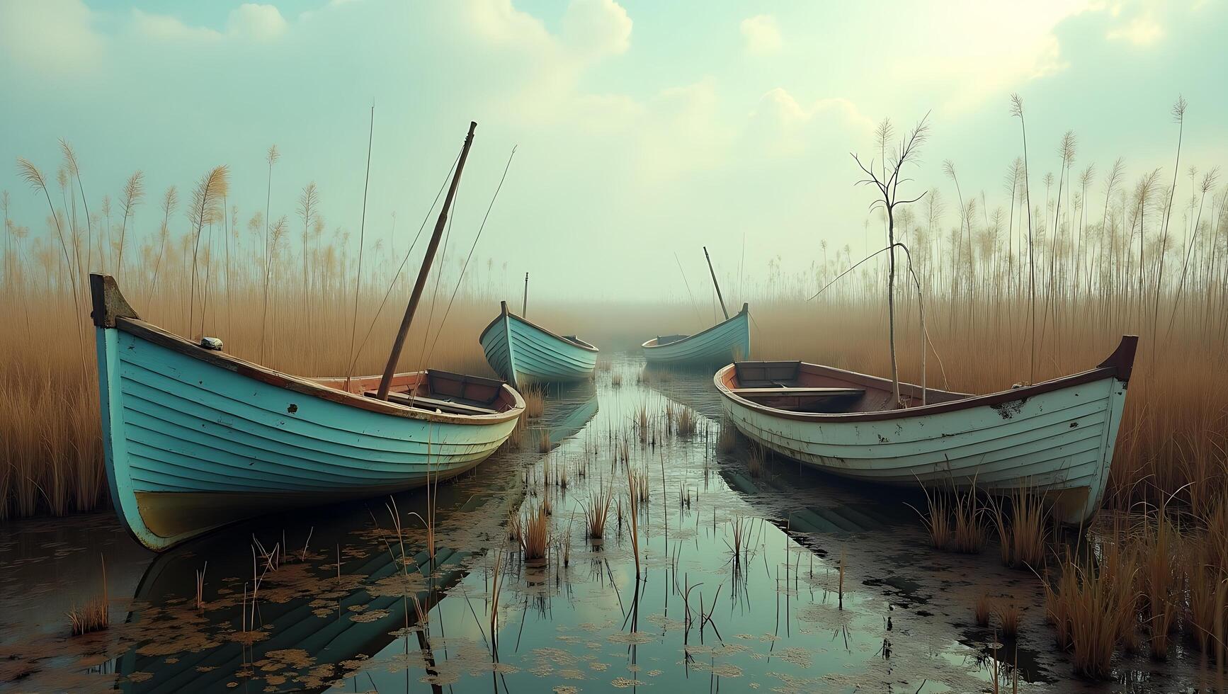 Four old boats anchored in a lush peaceful marshland with tall grass photo