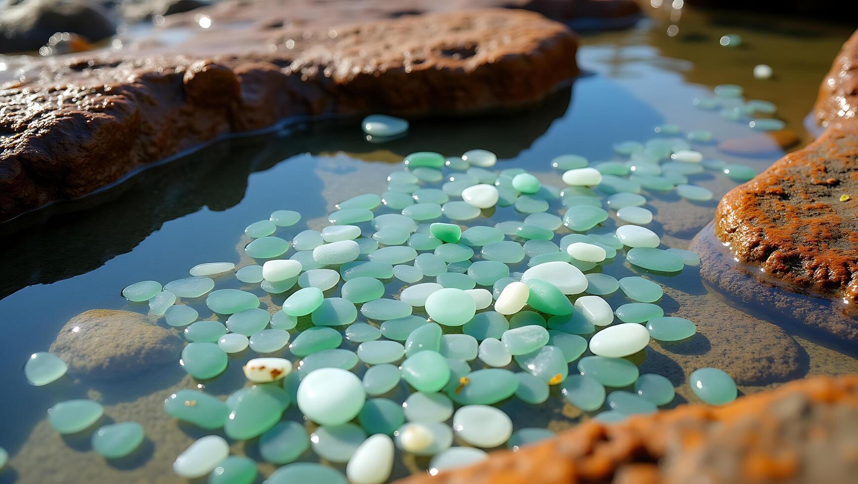 Colorful pebbles scattered across a shallow water pool surrounded by rocks photo