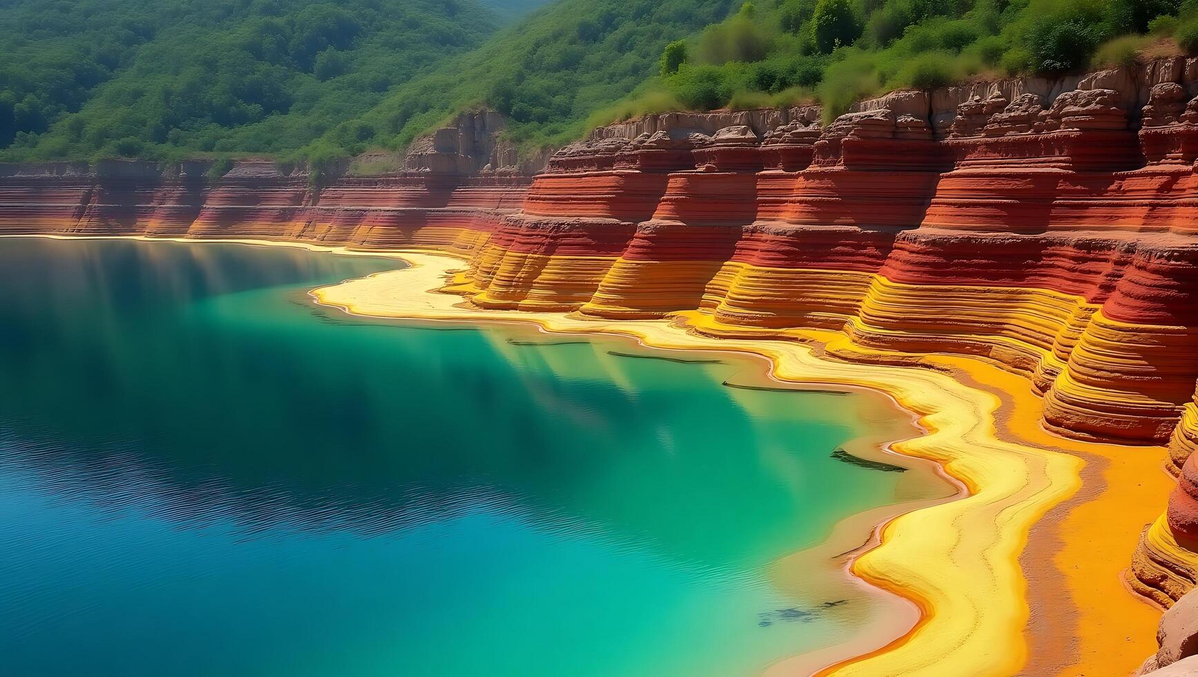 Colorful coastline with striking rock formations and clear waters beside lush hills photo