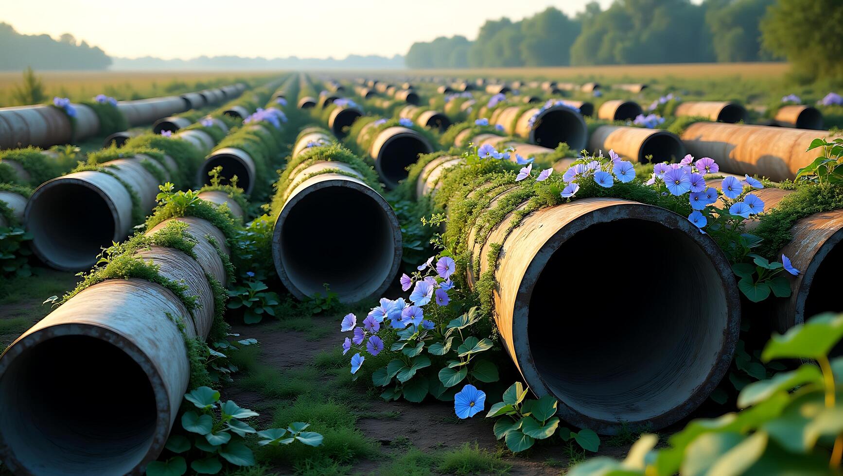 Pipes covered in plants and flowers along a rural landscape at sunset photo