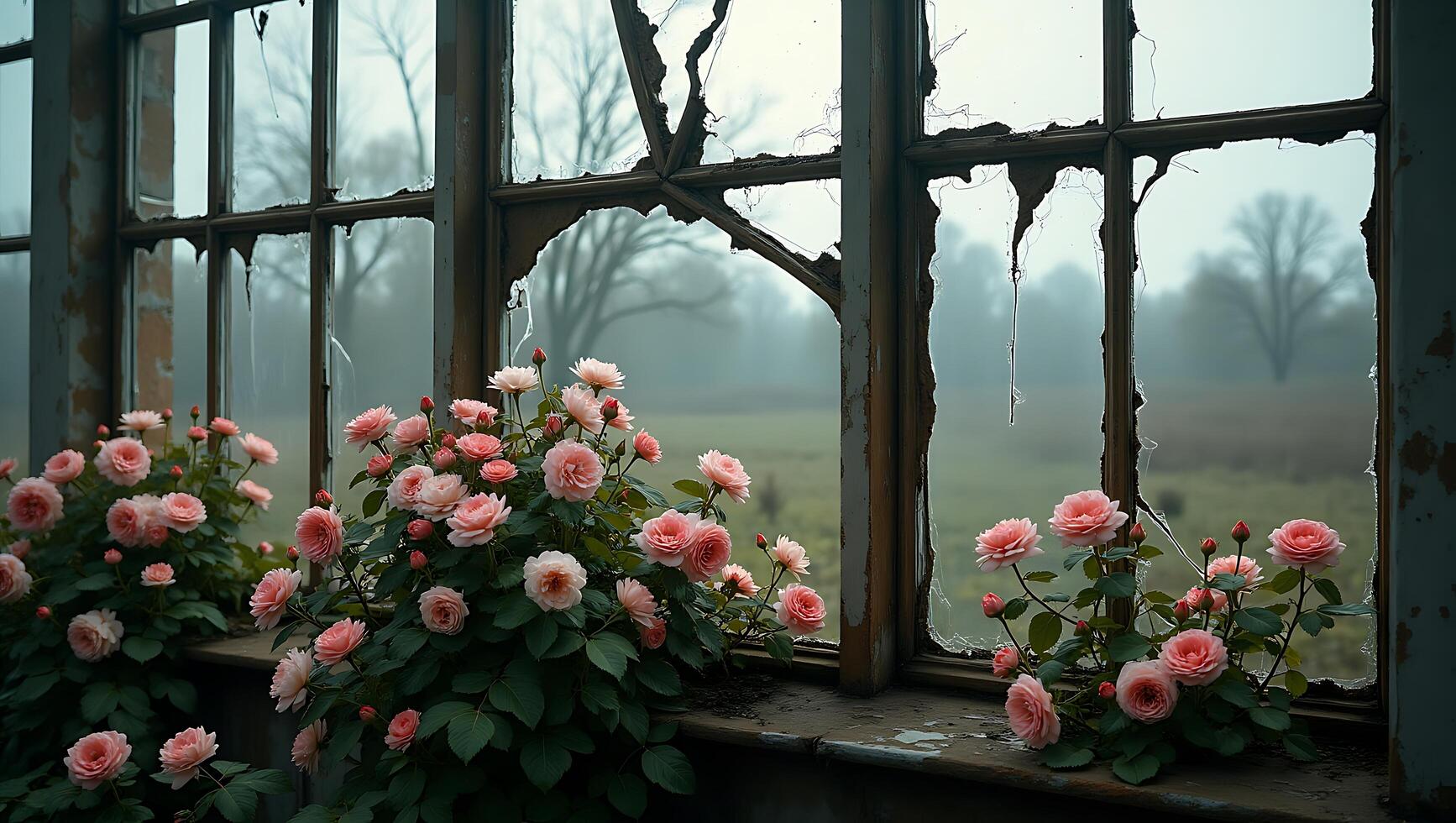 Flowers blooming by broken windows in an abandoned indoor space photo