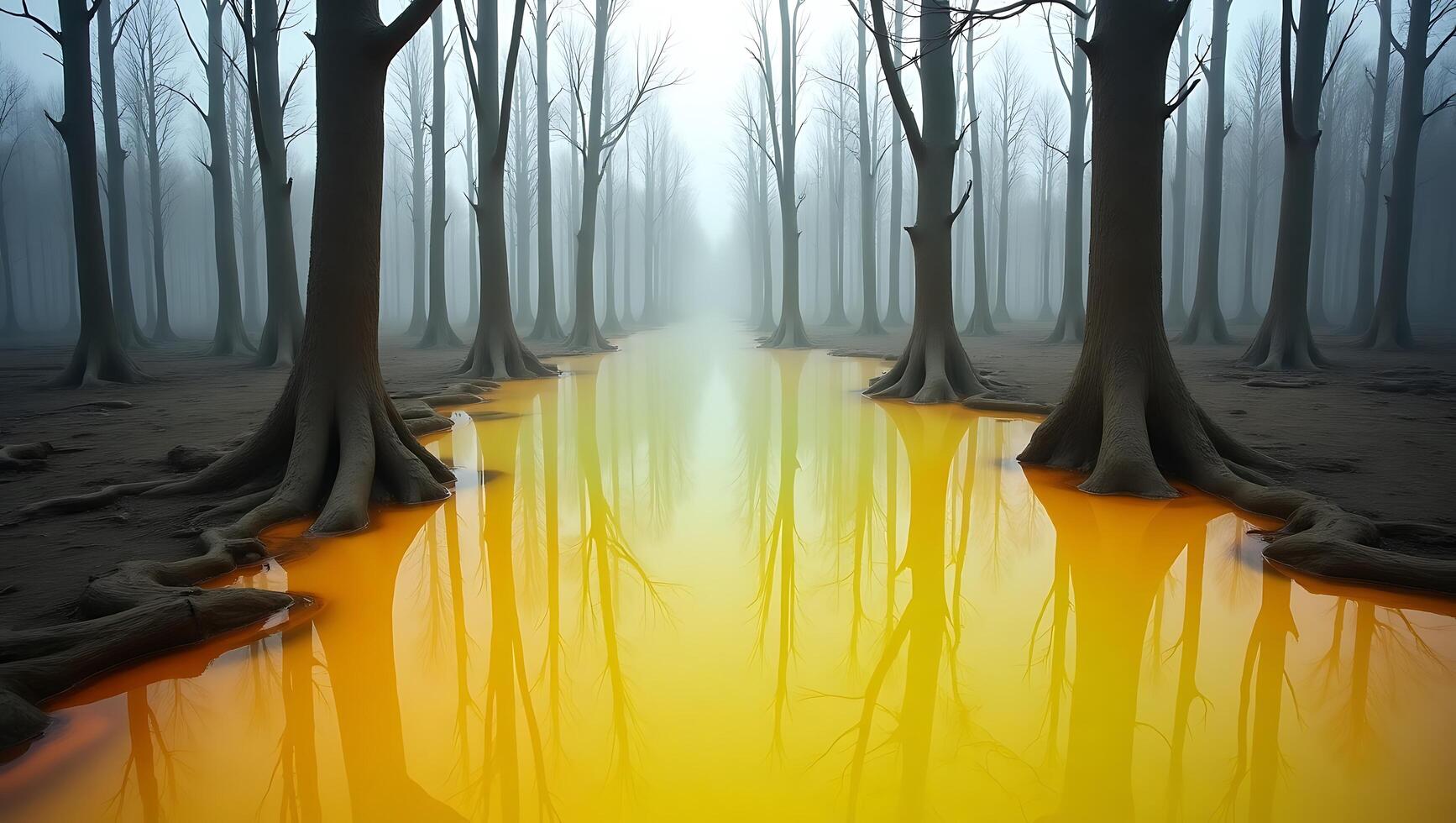 Misty forest with reflective golden water and bare trees in a foggy setting photo