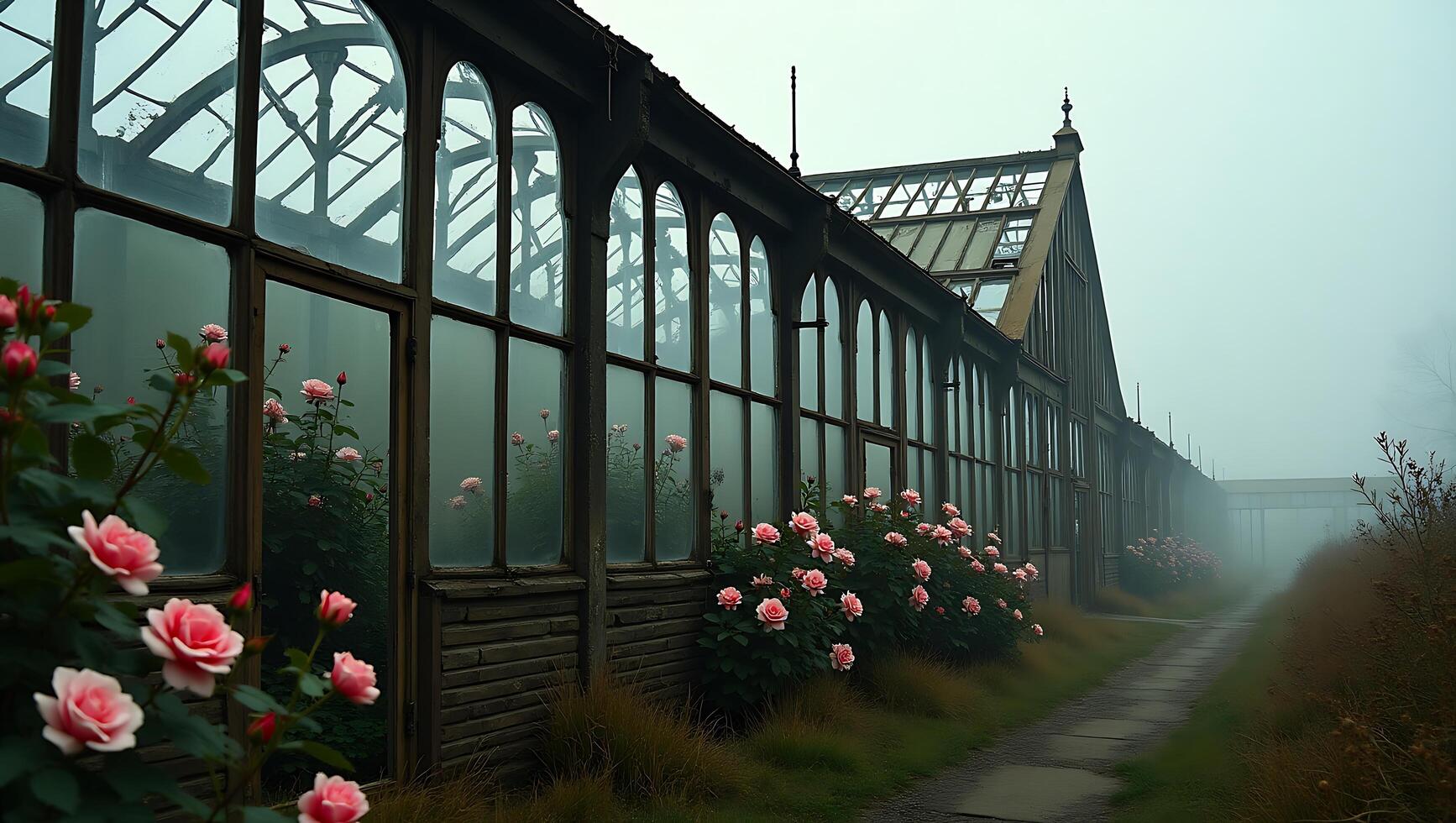 Old greenhouse covered in mist with blooming roses along the pathway photo