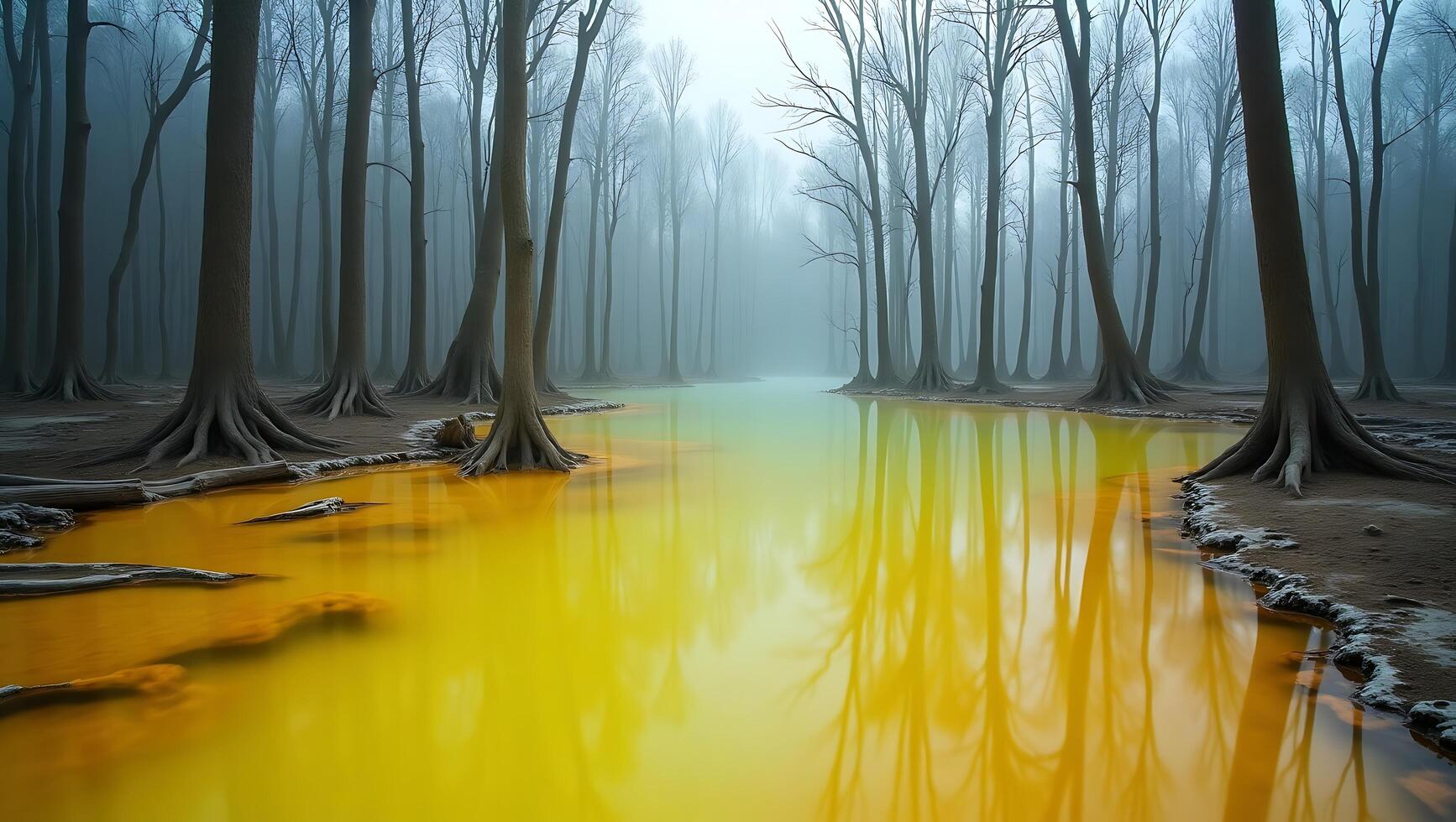 Misty forest with yellow water reflecting tree trunks and foggy atmosphere photo