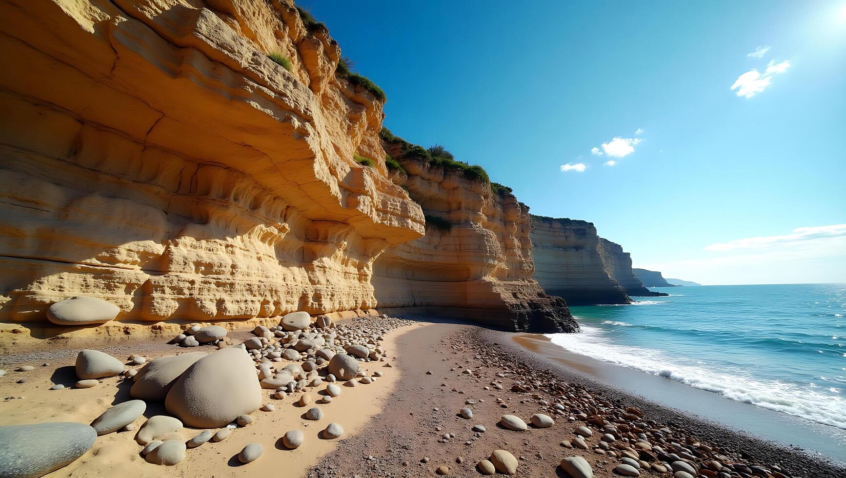 Coastal cliffs with smooth stones along a sandy beach under a clear blue sky photo