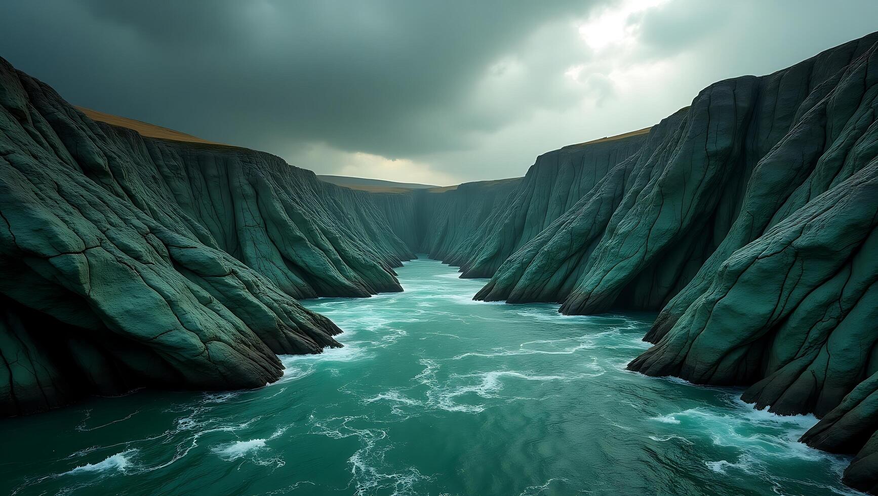 Majestic cliffs framing a deep turquoise waterway under a cloudy sky photo