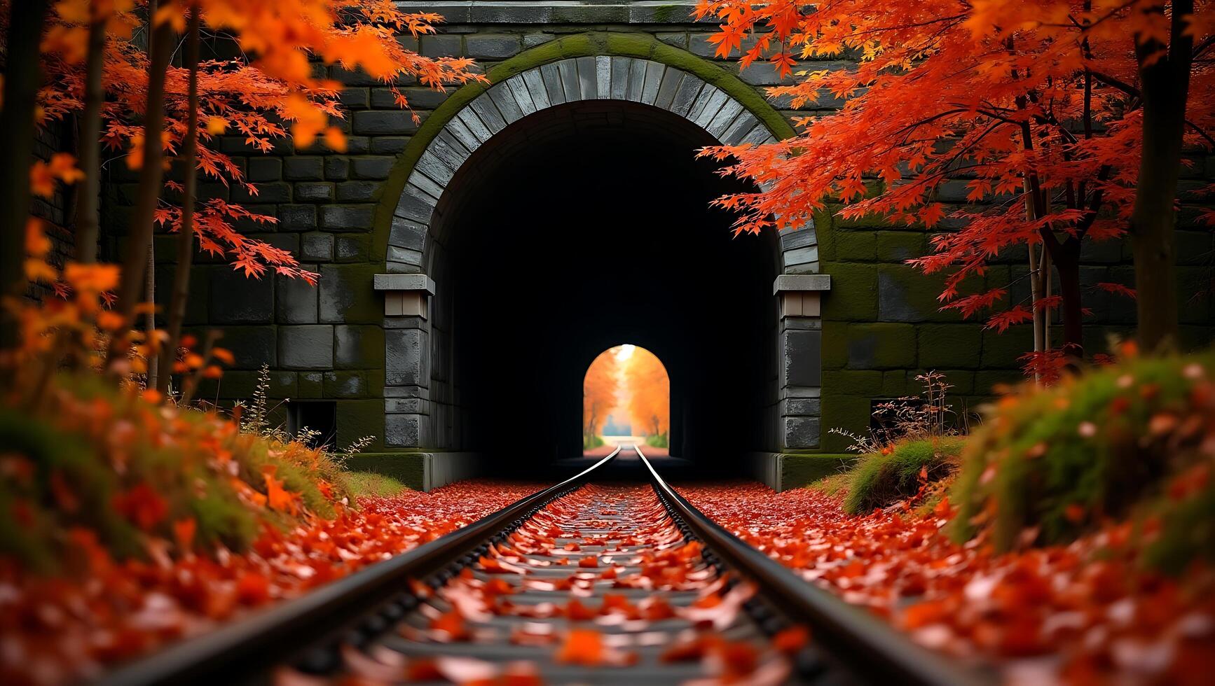 Autumn leaves frame a railway tunnel with glowing light at the end photo